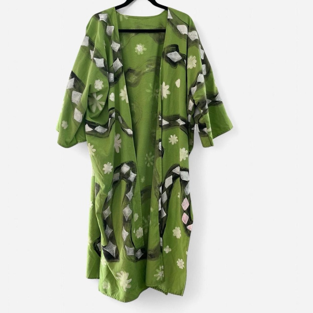 Hand Painted Green Robe Duster – Cotton Blend Artwear